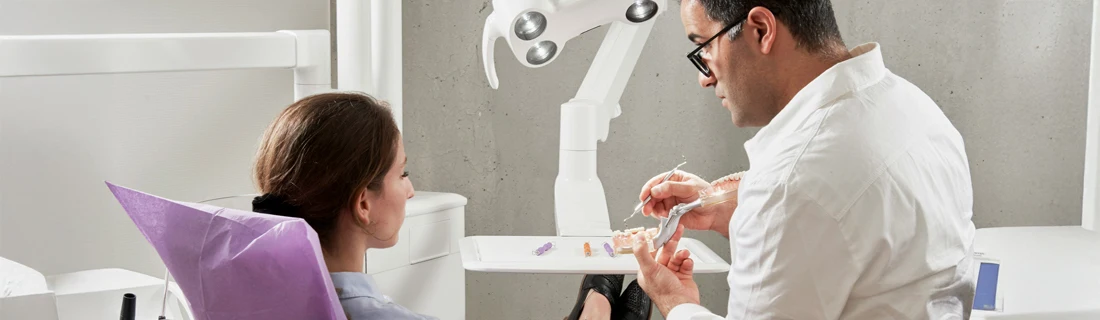 a dentist explains a dental bridge procedure to his patient